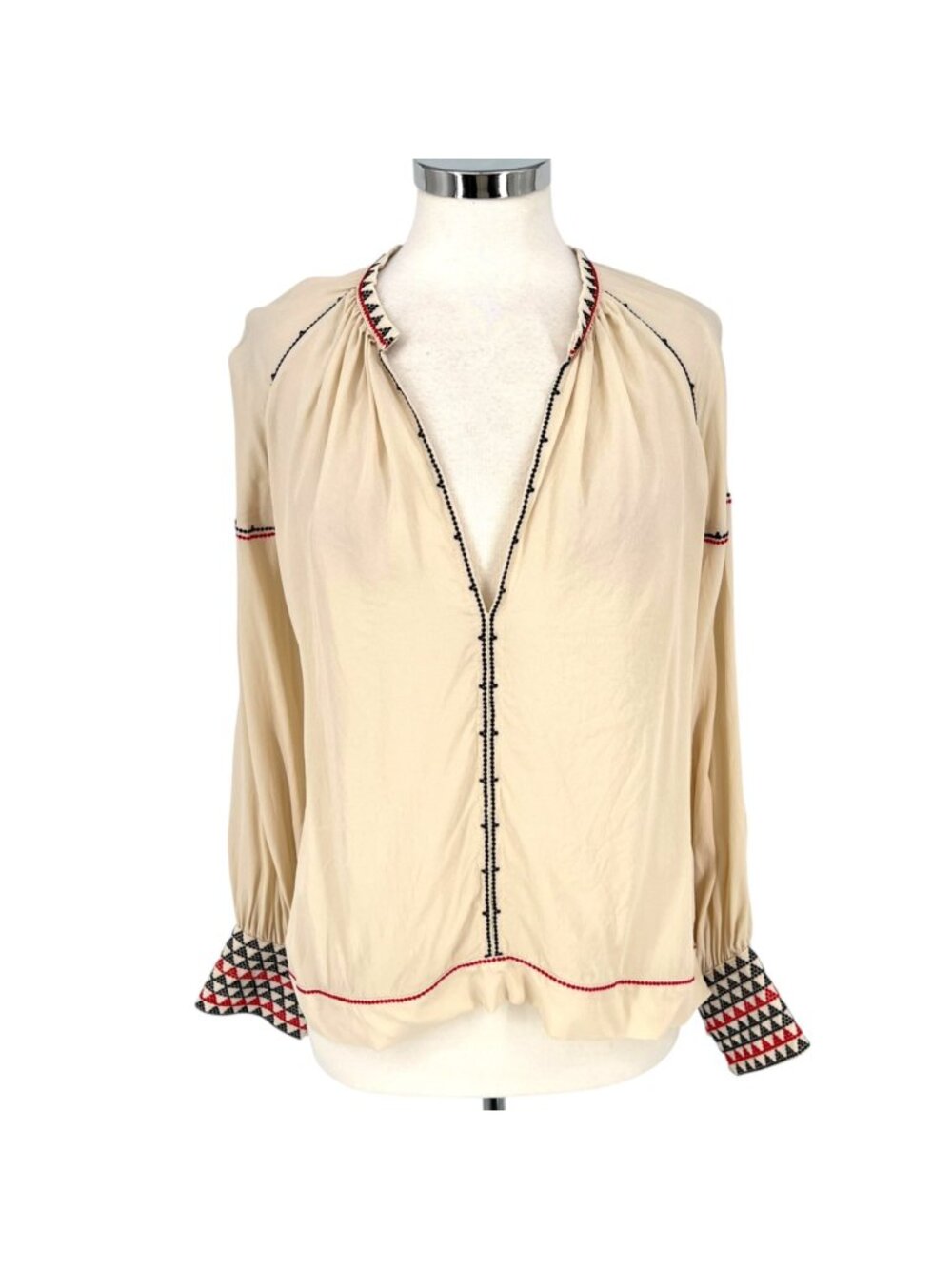 Magali Pascal Alexi Blouse Natural Boho Embroidered Cuff Peasant Top Size Large